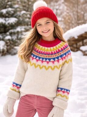 Hanna Andersson Kids Ivory‎ Fair Isle Fuzzy Knit Cozy Pullover Sweater Size 8